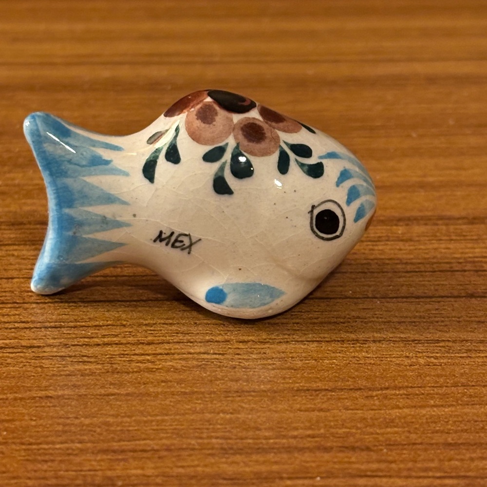 Vintage Mexican Tonala Art Pottery Ceramic Floral Designed Fish Figure 2”